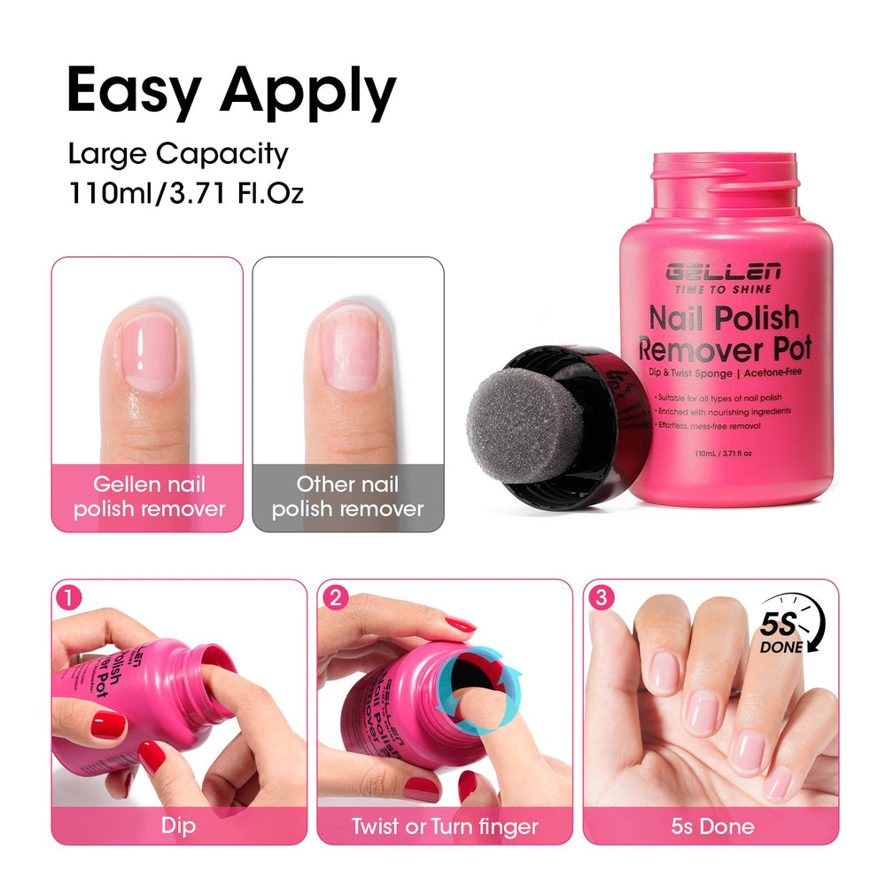 GELLEN removing polish in use on fingernail, fast 5–9 second removal benefit