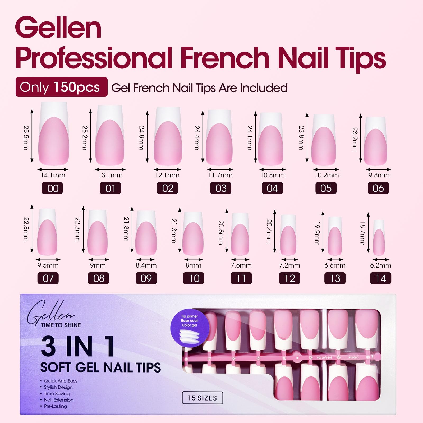 GELLEN tips next to ruler scale comparison showing long square length option