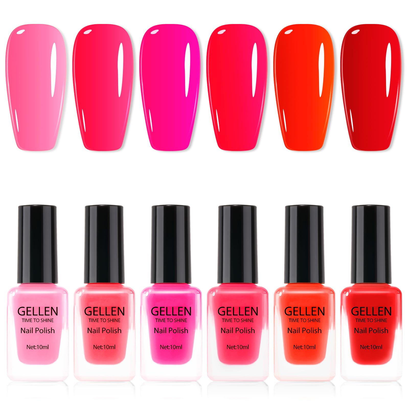 GELLEN front packaging displaying six red and pink nail polish bottles, vibrant selection benefit