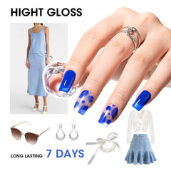 GELLEN swatch on nail showing sheer blue finish and glossy benefit