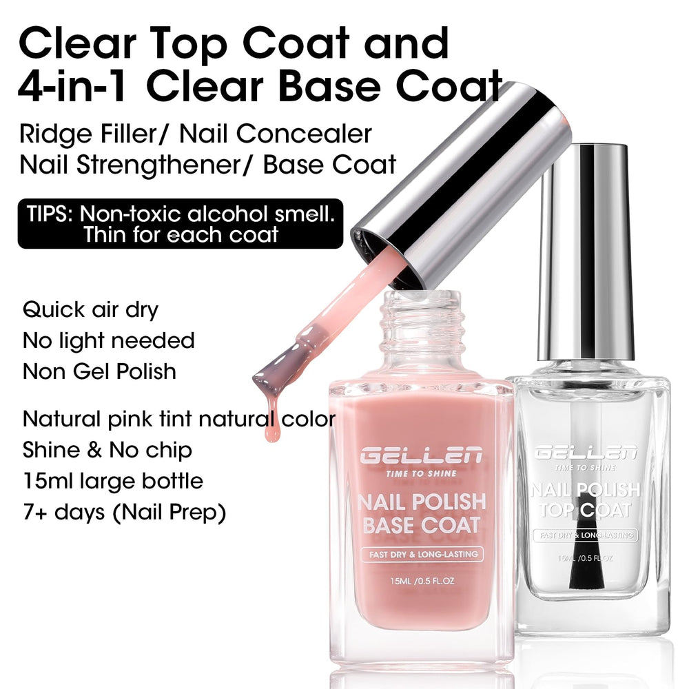 GELLEN sheer pink base and clear top coat bottles paired for convenience