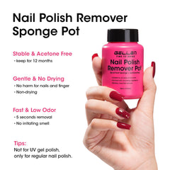 GELLEN sponge close-up soaked with remover, highlights low-odor gentle formula