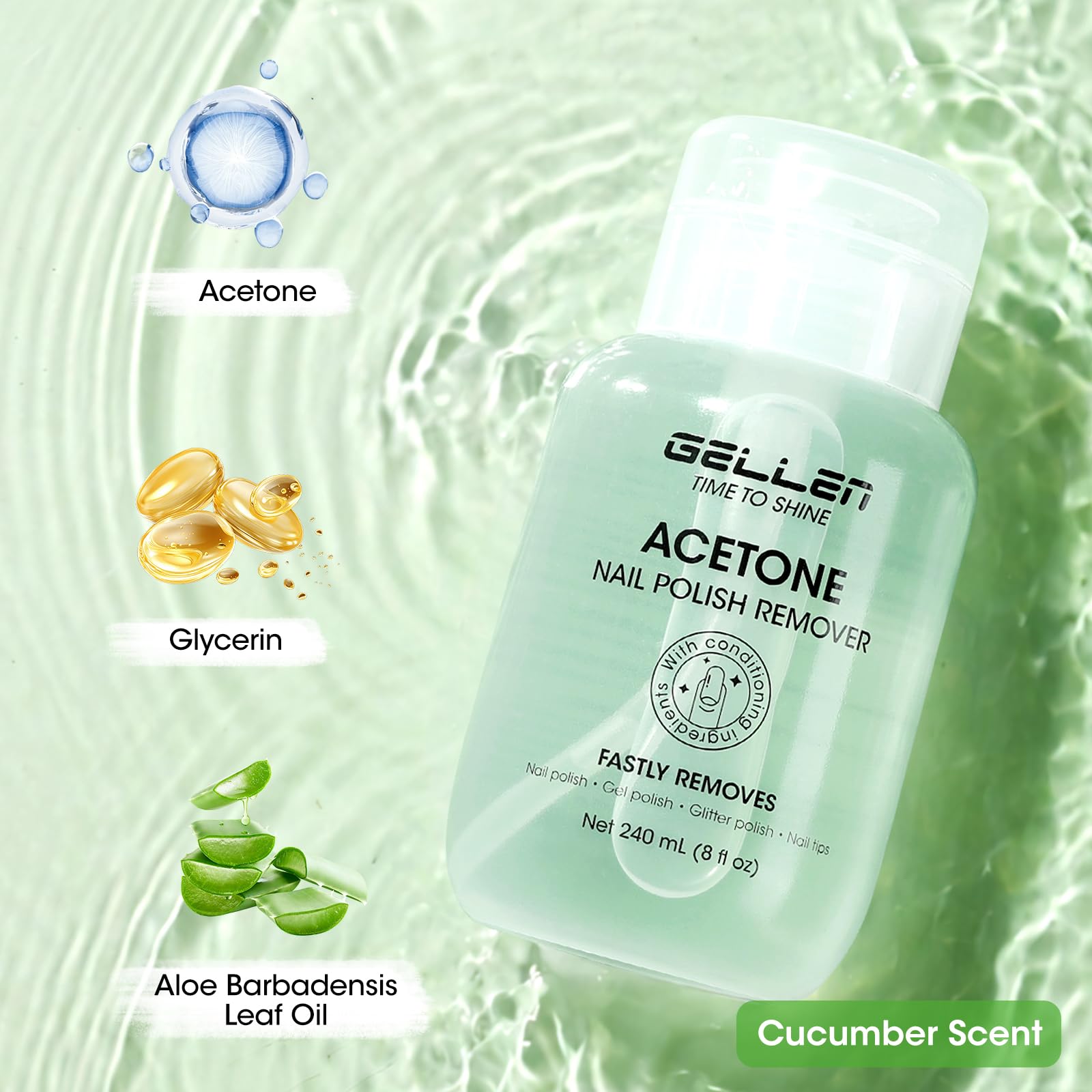 GELLEN remover on cotton pad showing fast polish breakdown benefit
