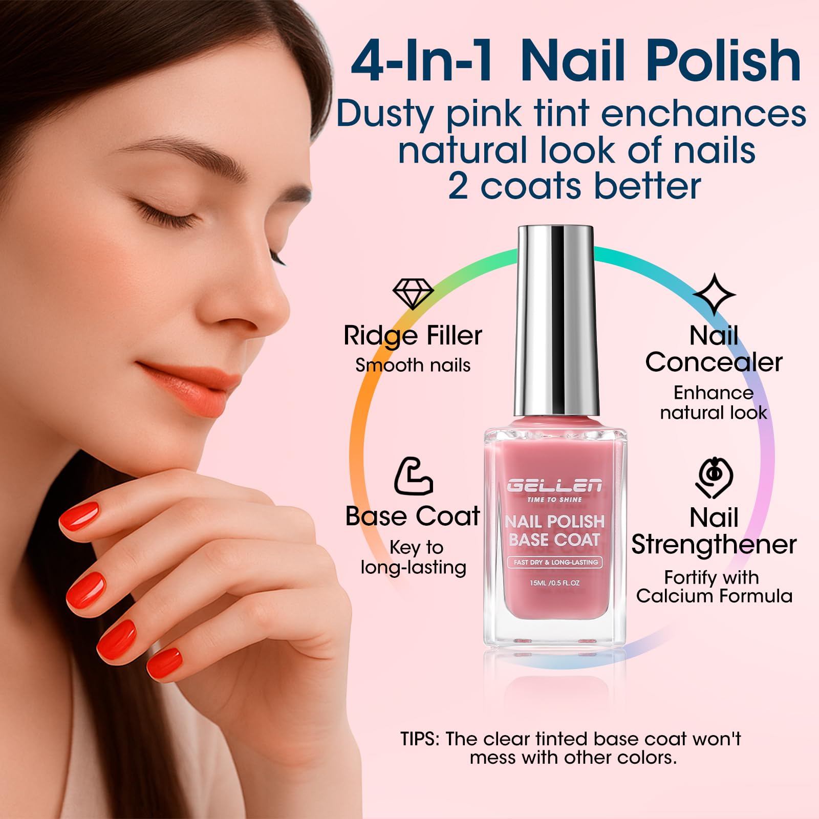 GELLEN top coat bottle close-up showing clear glossy finish benefit