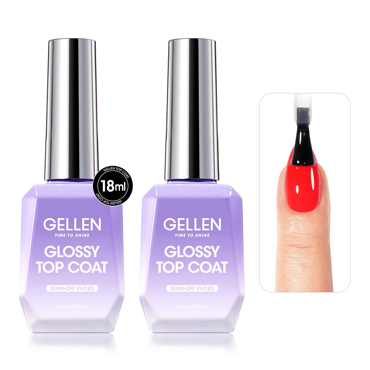 GELLEN front packaging showing two 18ml top coat bottles, clear and full