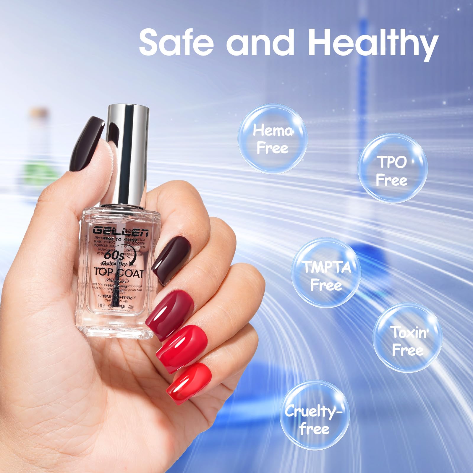 GELLEN label close-up highlighting HEMA-free and non-toxic features