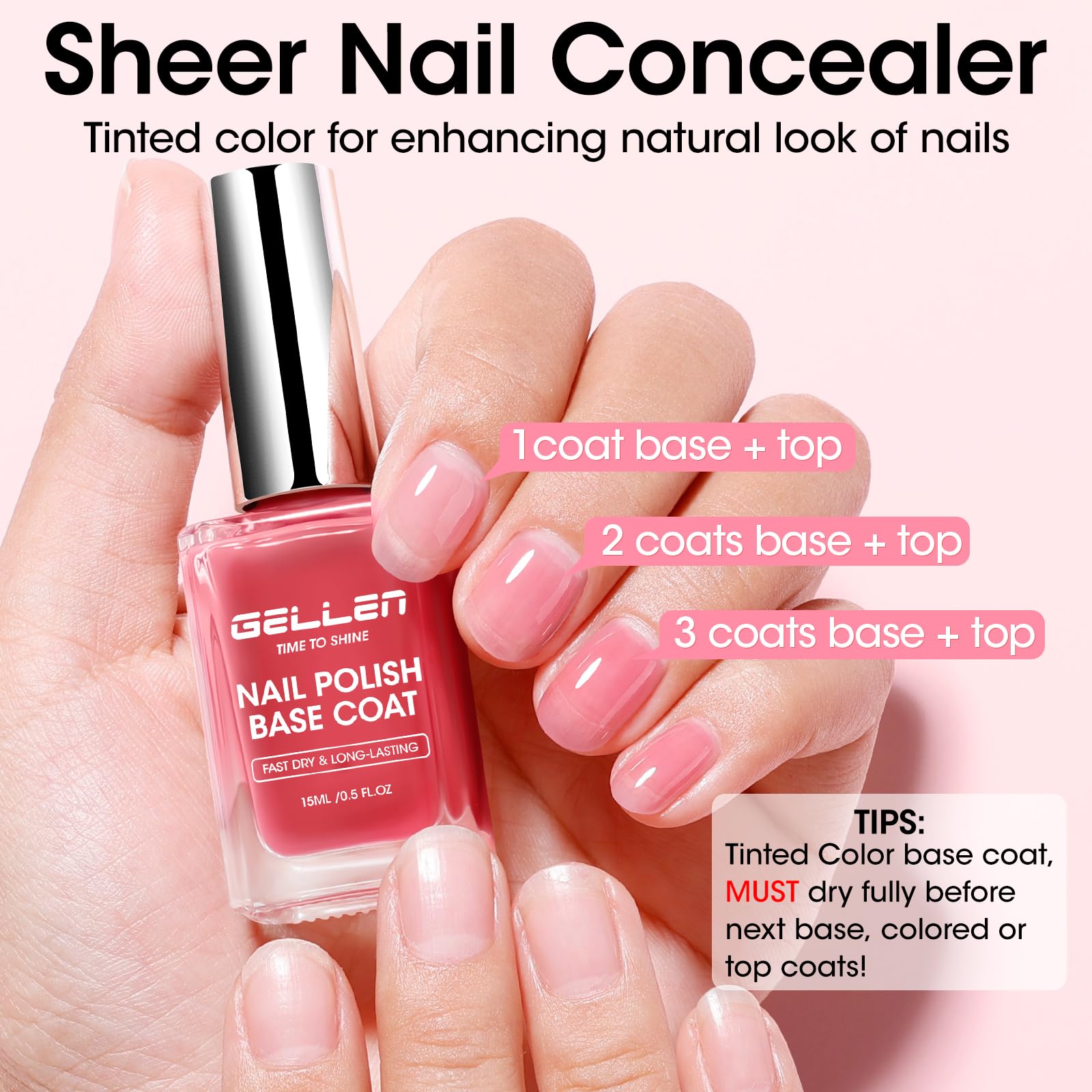 GELLEN two-coat before and after nails showing enhanced natural color and strength