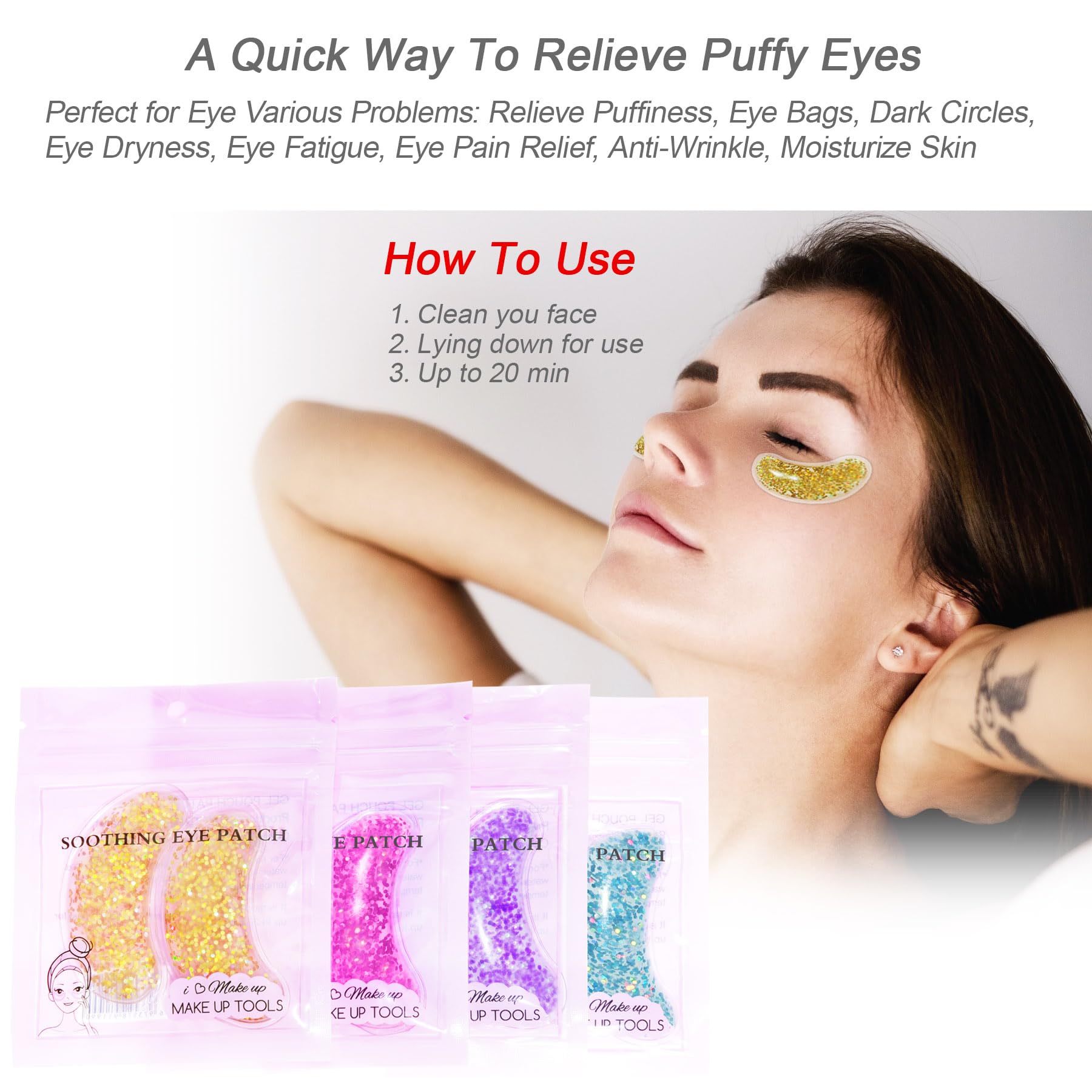 GELMAY patch applied under-eye on model to reduce puffiness