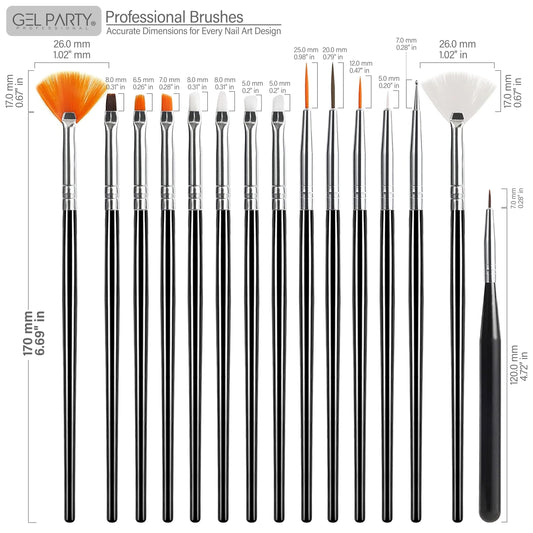 GEL PARTY array of brushes laid out to show variety and quick selection benefit