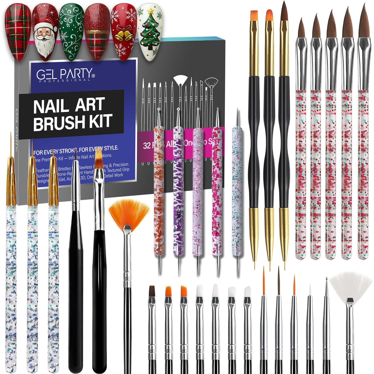 GEL PARTY front packaging showing full 32-piece kit and case benefit organization