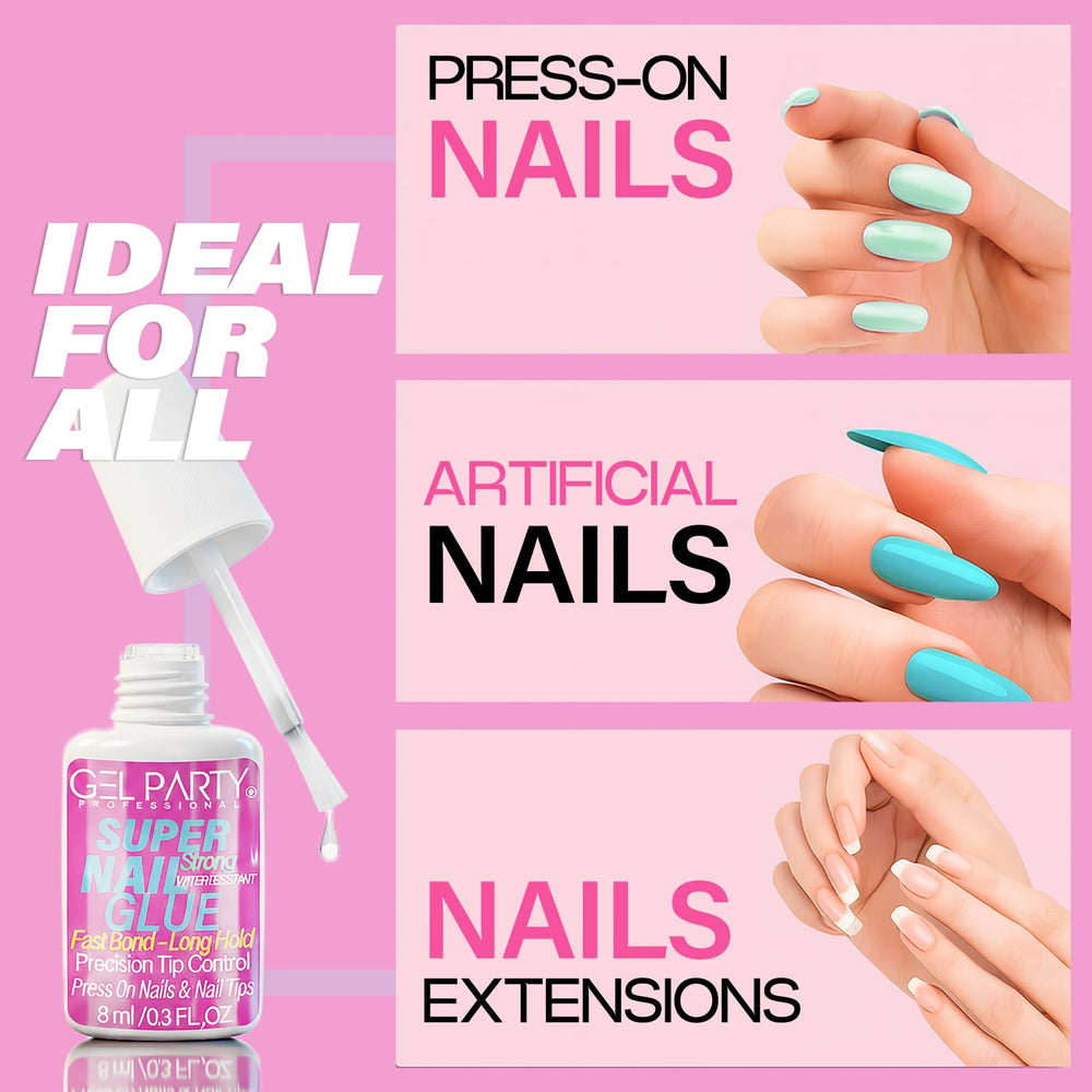 GEL PARTY used to attach press-on nails for durable, long-lasting hold