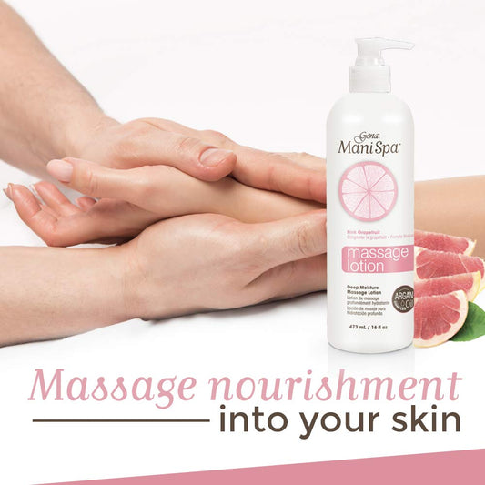 Gena Mani Spa label and pump close-up showing ingredient callouts and easy dispensing