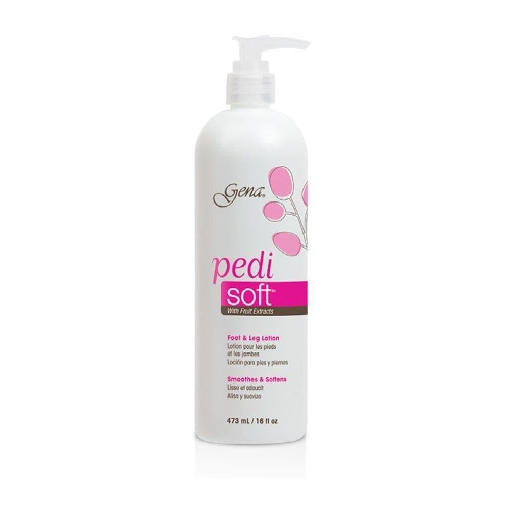 Gena Pedi Soft Lotion front pump bottle showing easy dispensing and moisturizing benefits