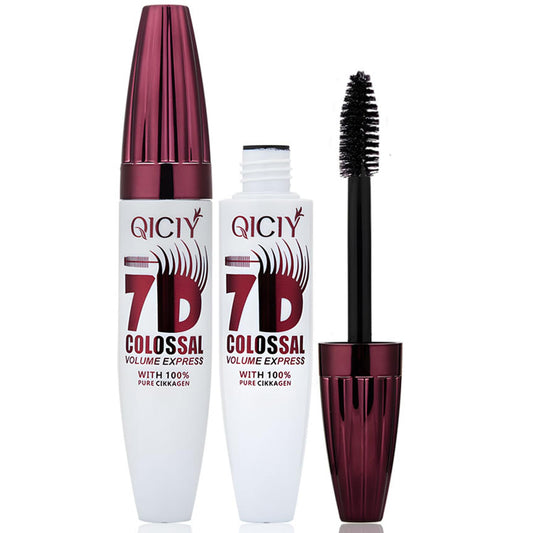 Generic 7D waterproof volume mascara front packaging showing product benefits