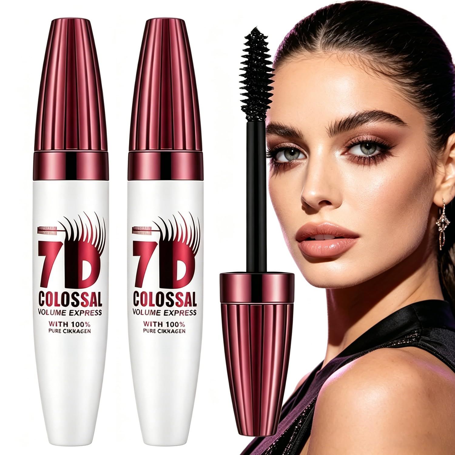 Generic 7D mascara front packaging showing sleek tubes and bold black shade benefit long-lasting wear