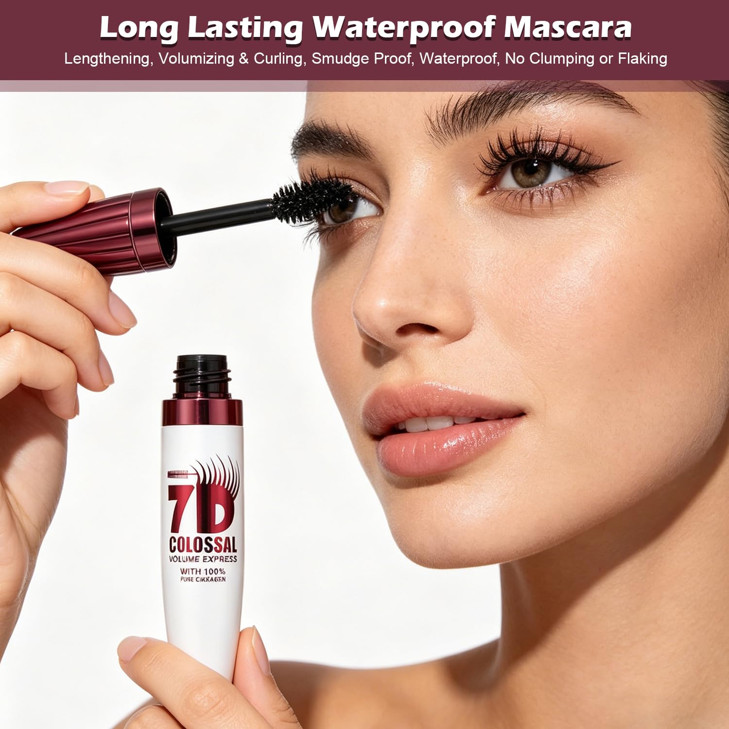 Generic 7D mascara model wearing product showing dramatic curled lashes benefit polished look