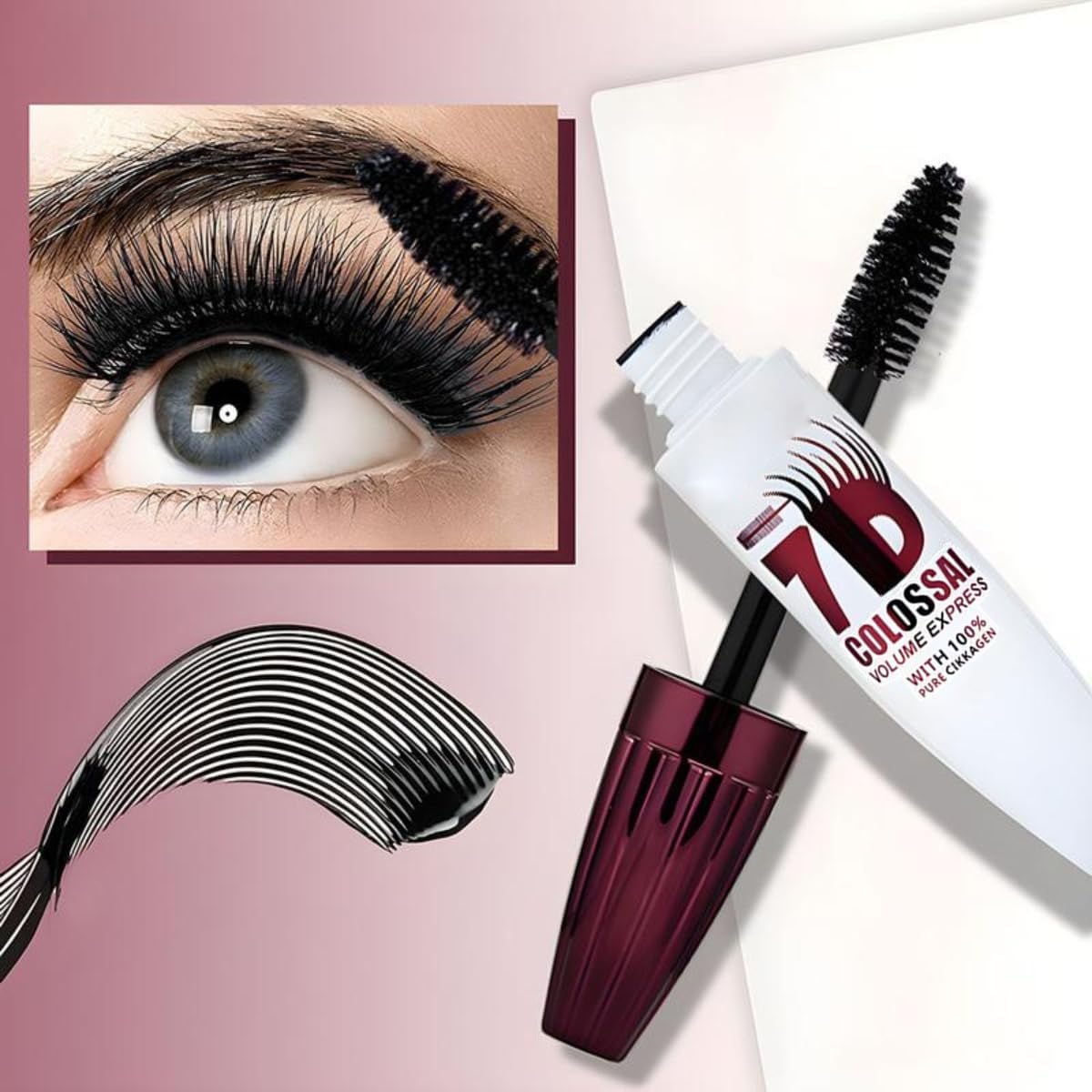 Generic 7D mascara open tube showing creamy black texture and fiber blend