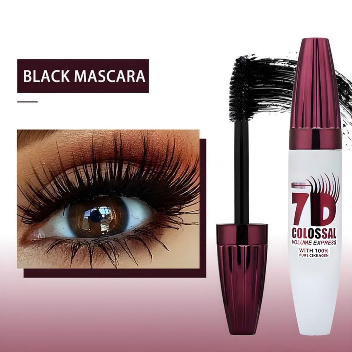 Generic 7D mascara beside measuring tape showing compact 10g size convenience
