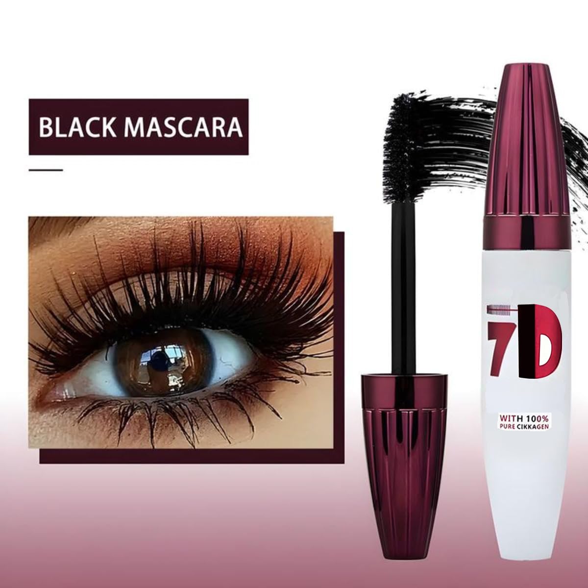 Generic 7D mascara next to coin showing 10g compact travel-friendly benefit