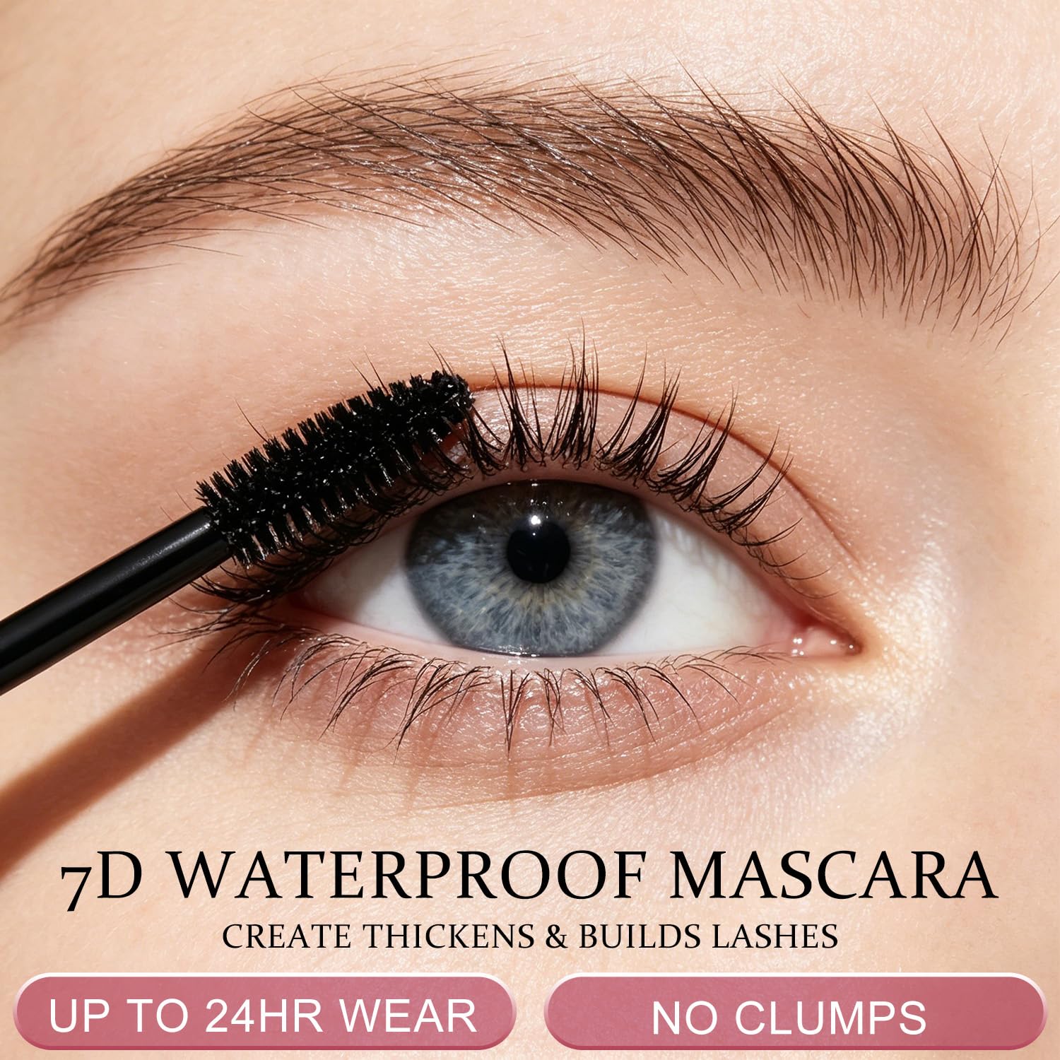 Generic 7D mascara texture swiped on skin to show fiber-rich formula