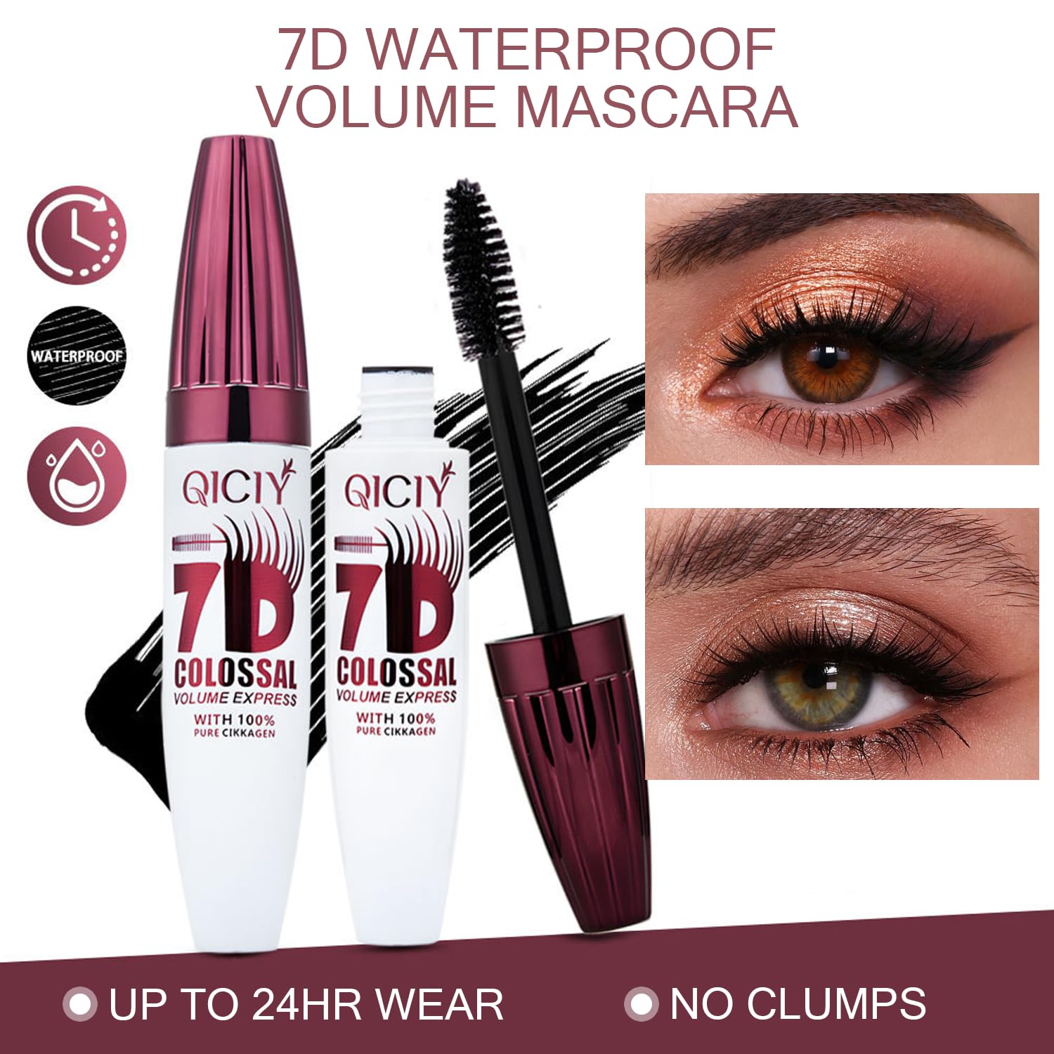 Generic 7D mascara wand close-up showing olive-shaped brush for precise coating and separation