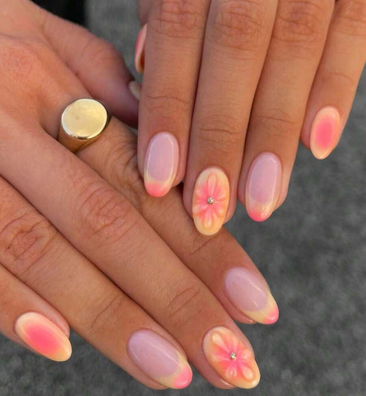 Generic brand front packaging showing 24-piece almond press-on nails and kit benefits