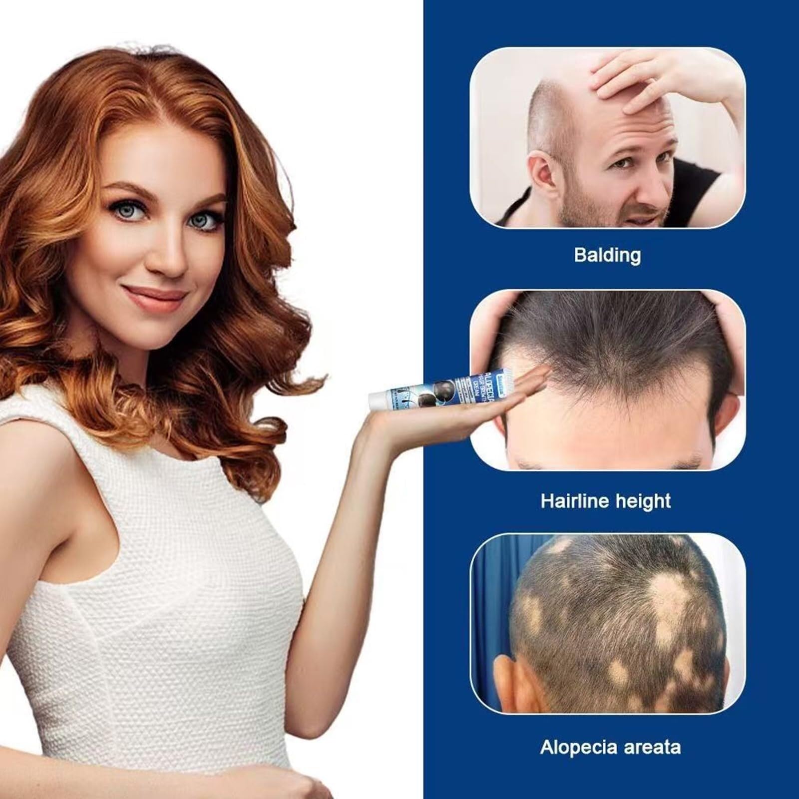 Generic alopecia cream scalp massage demonstration with visible absorption and scalp comfort