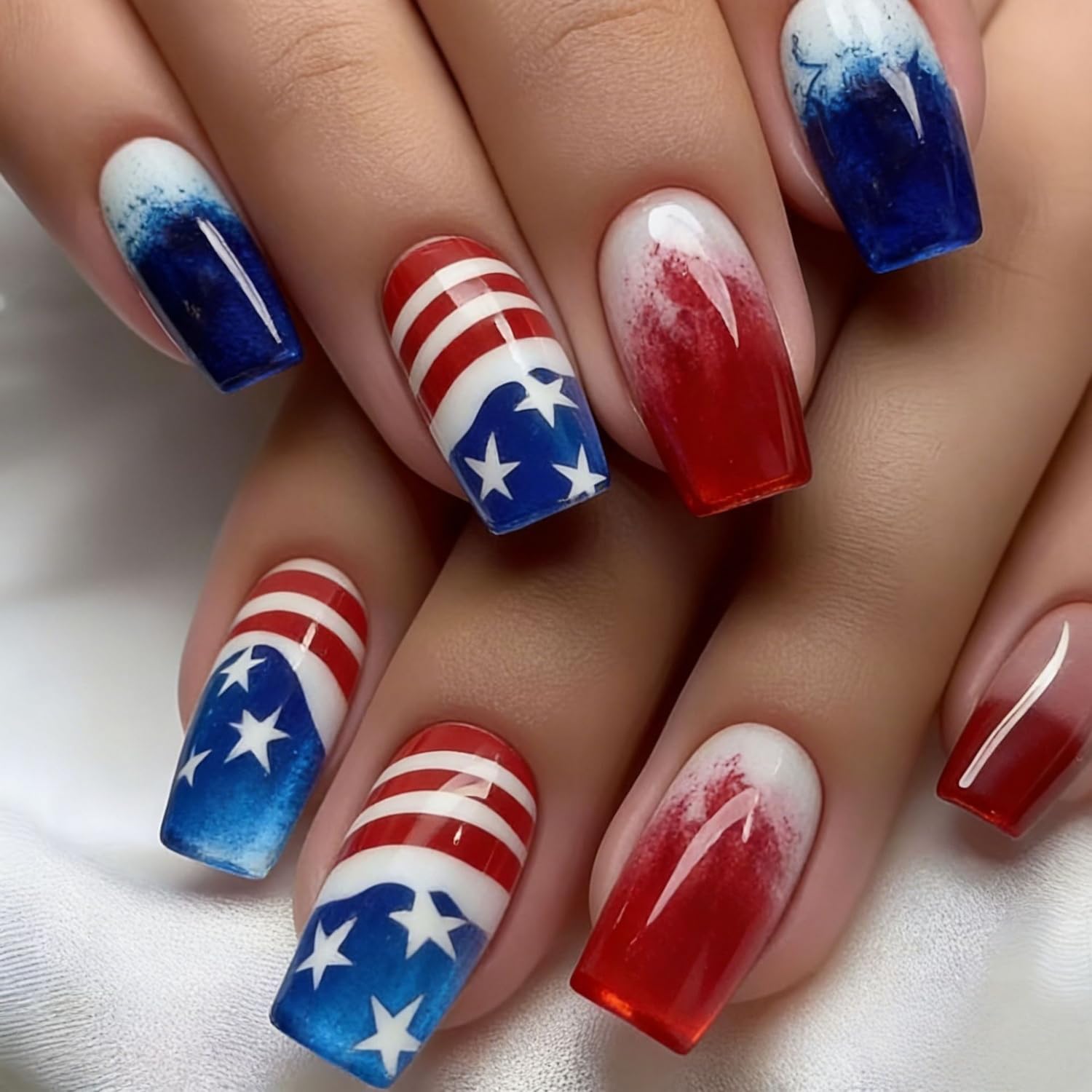 Generic brand front view of American flag press-on nails showing packaging and set benefits
