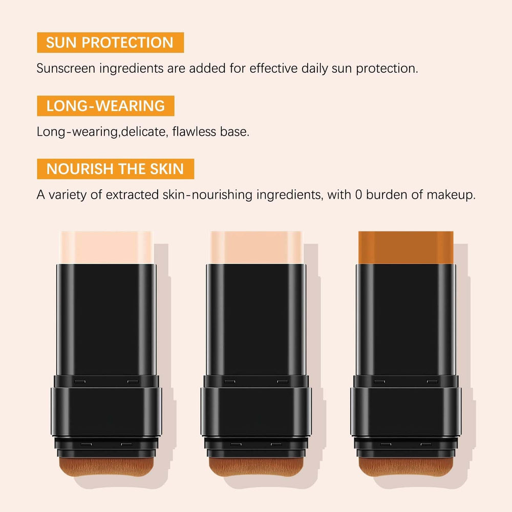 Generic applying foundation stick to cheek demonstrating quick coverage benefit