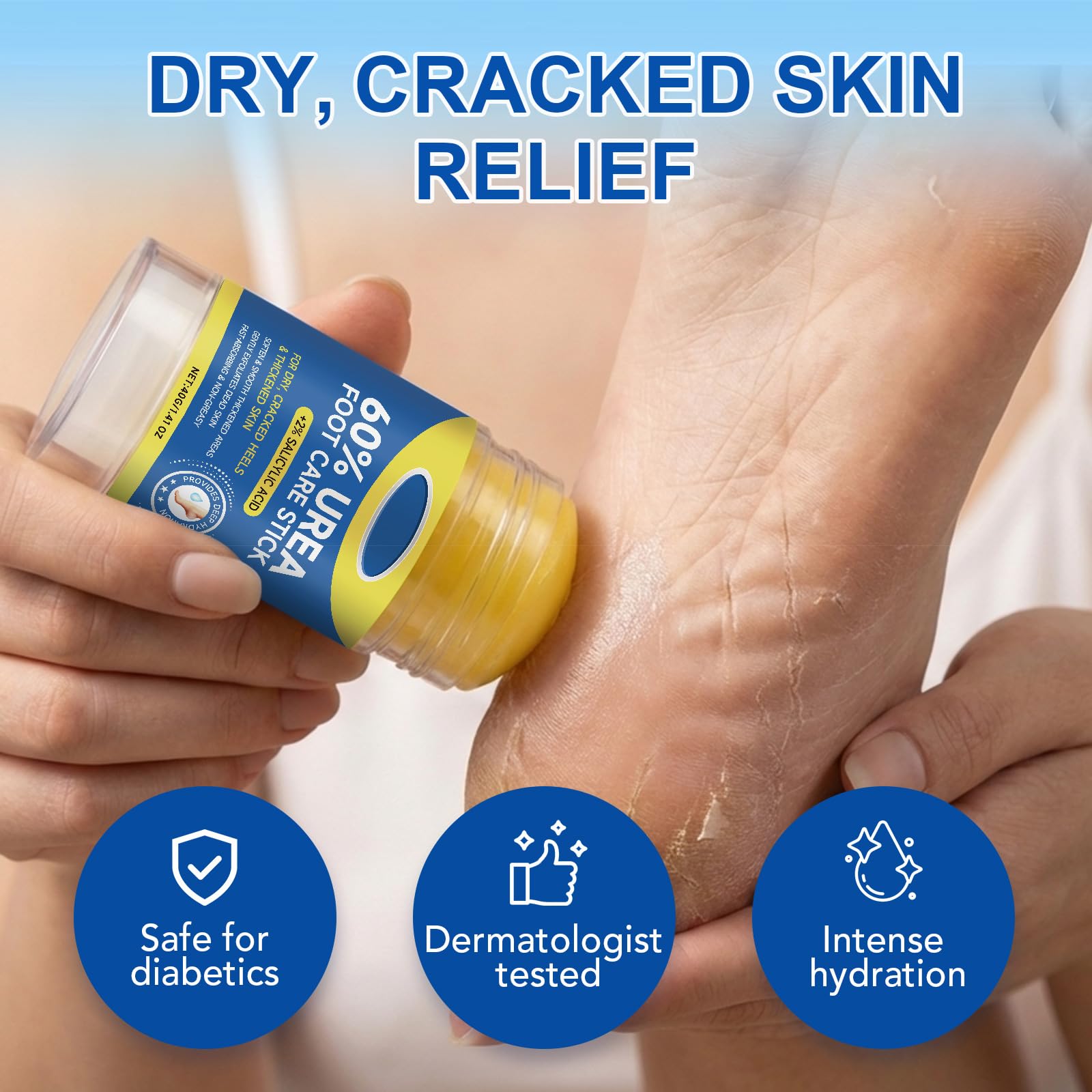 Generic application on heel showing targeted glide-on use, quick relief for calluses