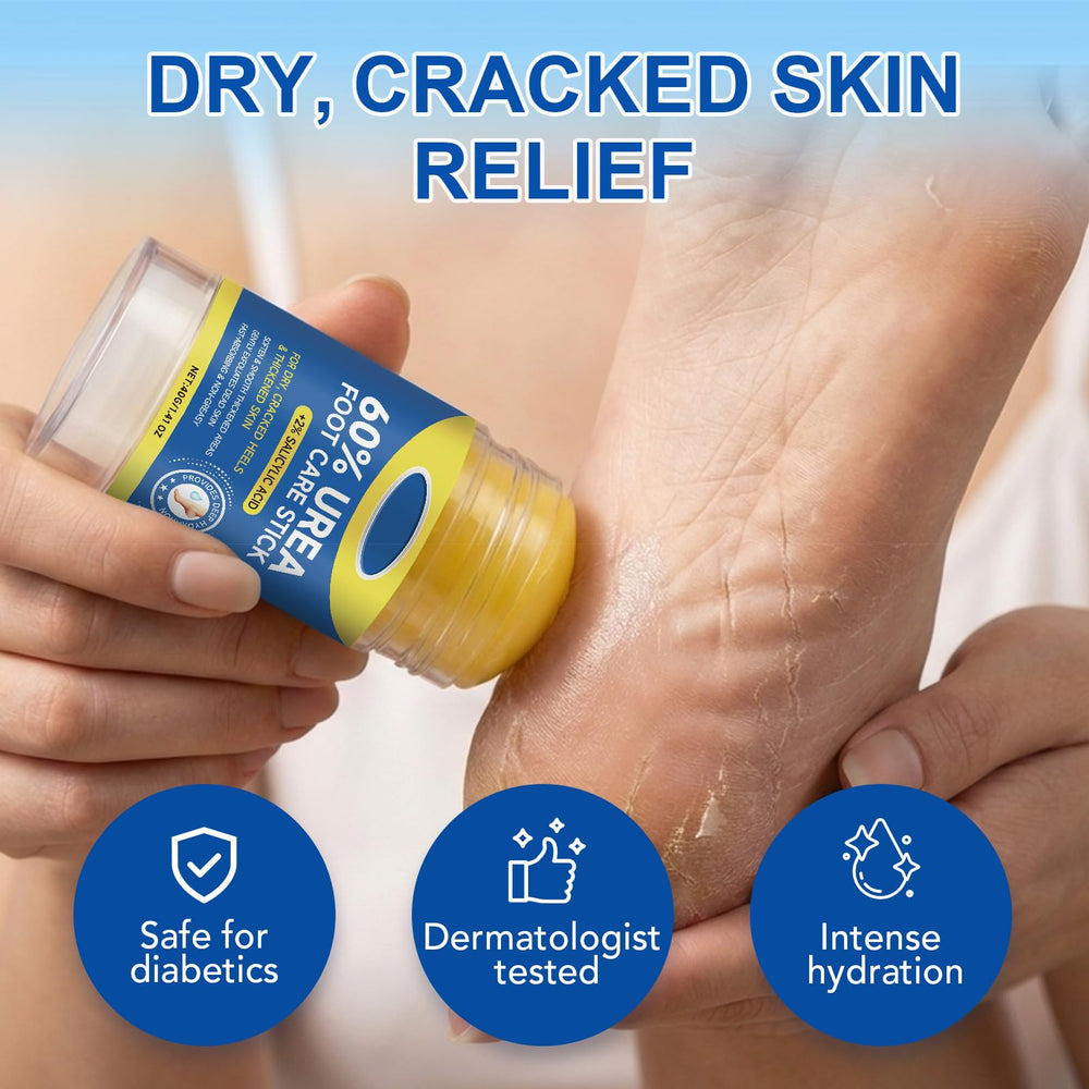 Generic application on heel showing targeted glide-on use, quick relief for calluses