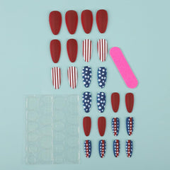 Generic hand applying press-on nail illustrating quick five-minute application benefit