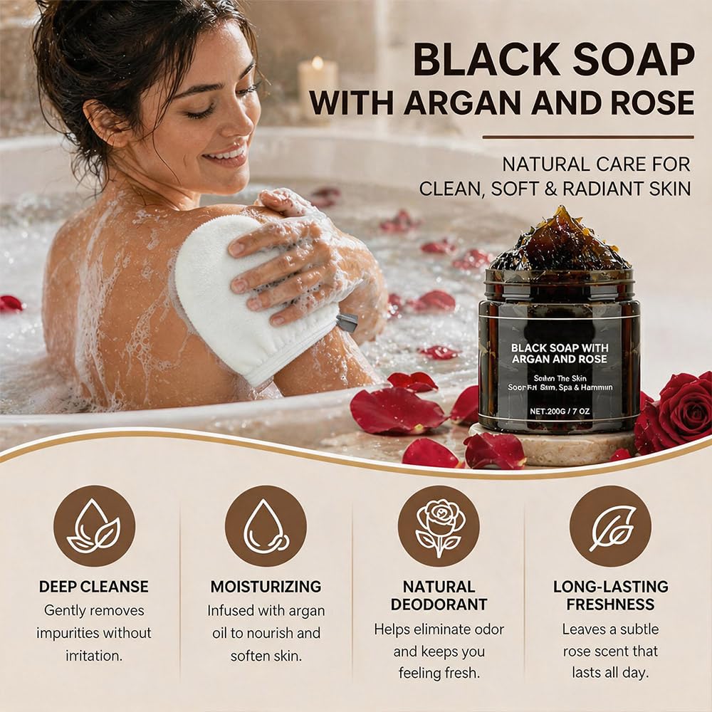 Generic argan oil and rose essence ingredients arranged highlighting nourishing actives