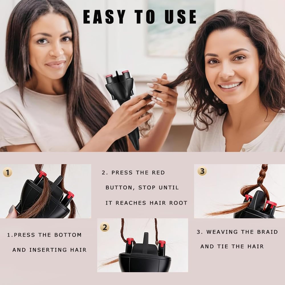 Generic automatic hair braider in use on long hair demonstrating faster braid results