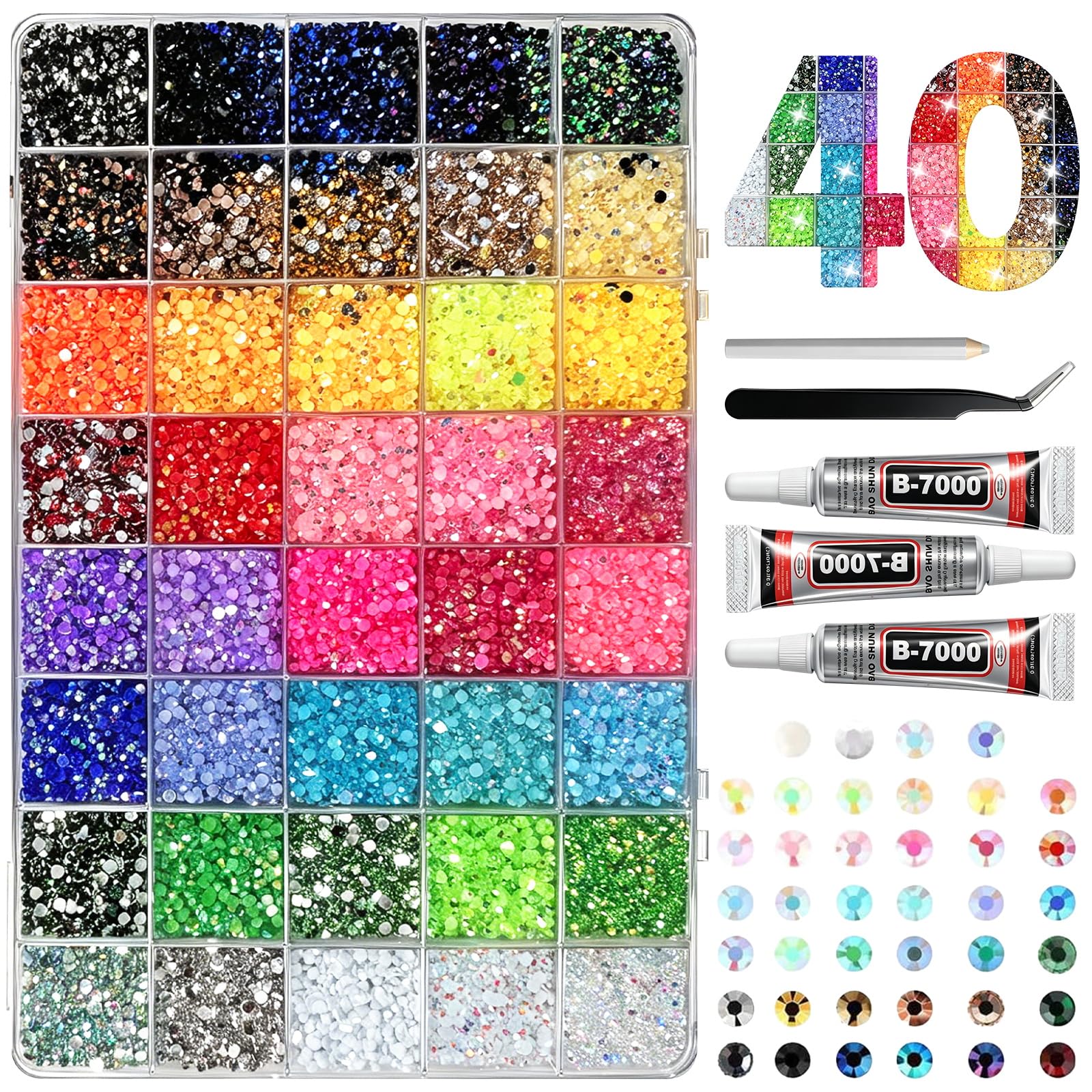 Generic bedazzling kit flat lay showing stones, glue and tools for easy crafting