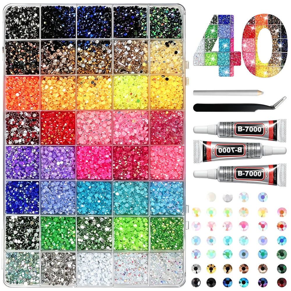 Generic bedazzling kit flat lay showing stones, glue and tools for easy crafting
