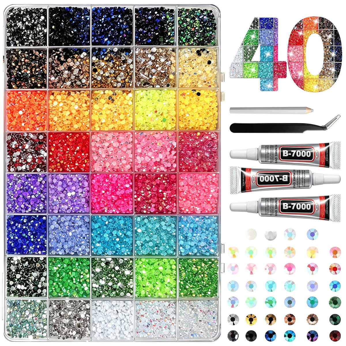 Generic bedazzling kit flat lay showing stones, glue and tools for easy crafting