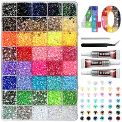 Generic bedazzling kit flat lay showing stones, glue and tools for easy crafting
