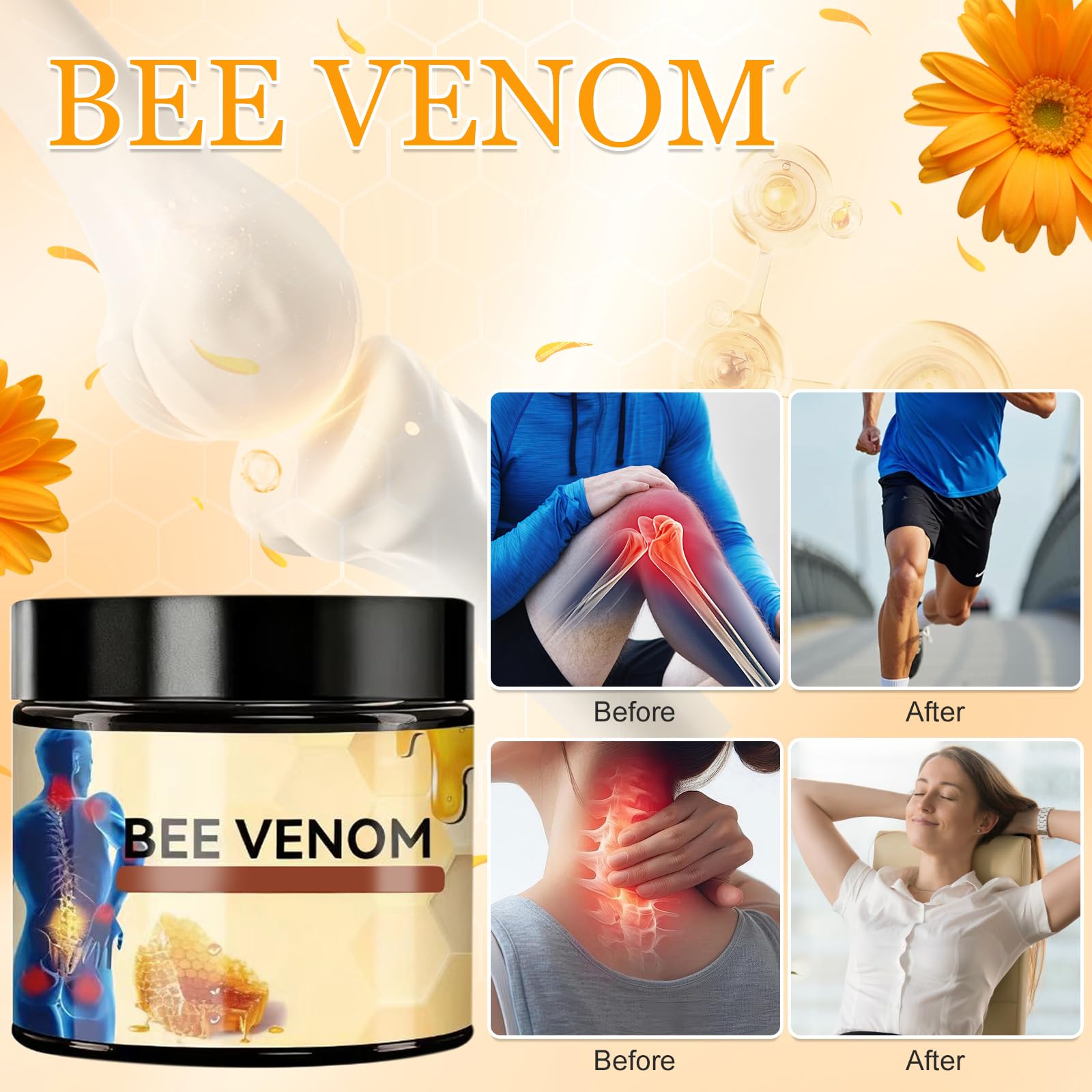 Generic bee venom cream label detail highlighting ingredients list and clear usage guidance