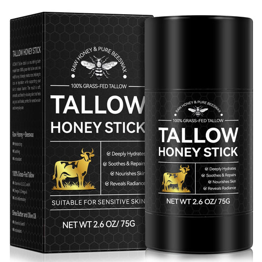Generic beef tallow front packaging shows unscented balm stick and portability benefit