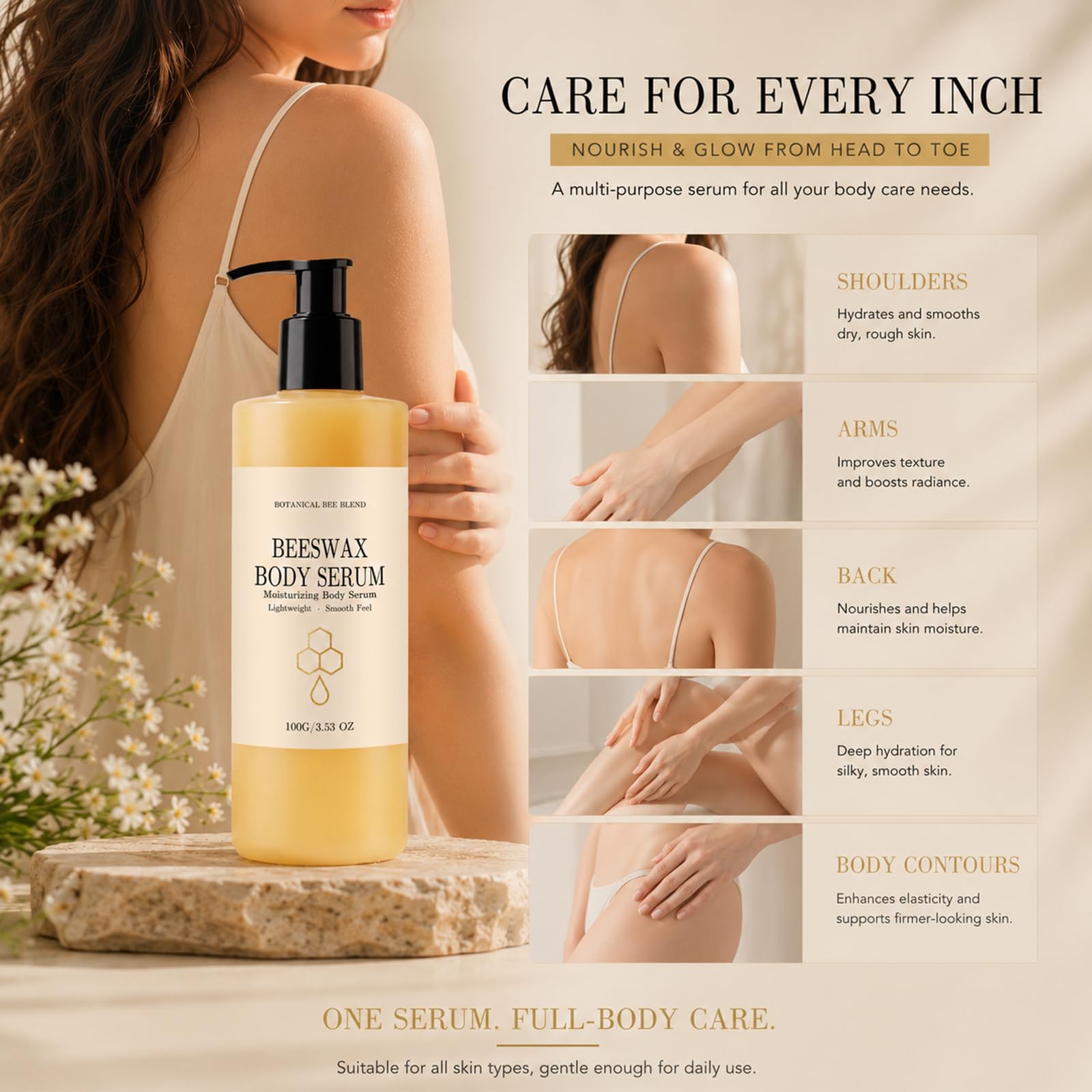 Generic beeswax body serum on elbow and knee targeting rough, dry areas for smoothing