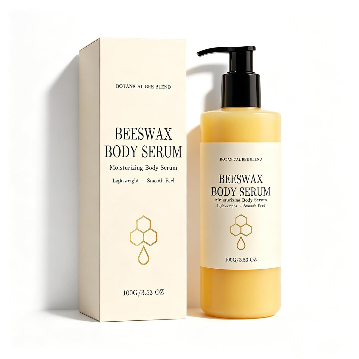 Generic beeswax body serum front bottle showing label and vanilla scent benefits