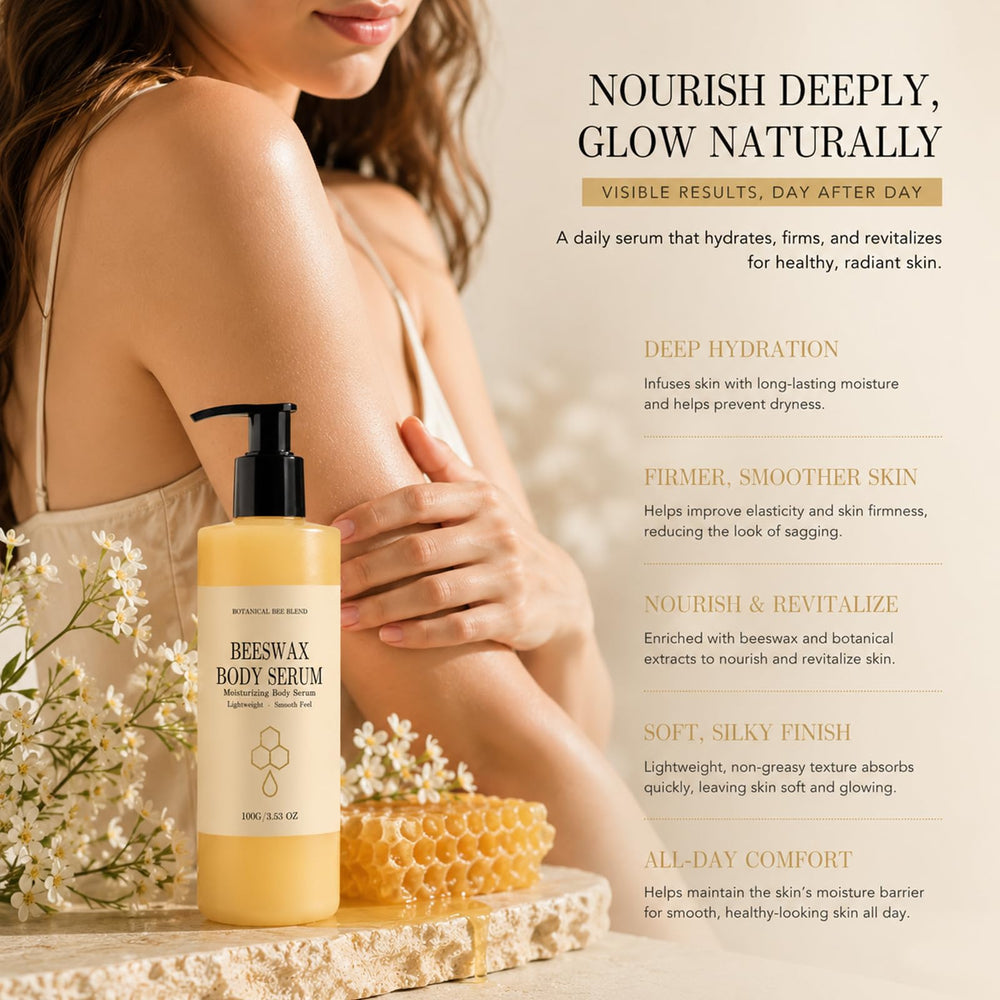 Generic beeswax body serum texture droplet on hand demonstrating lightweight absorption