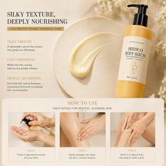 Generic beeswax body serum travel size on bath shelf for convenient daily hydration