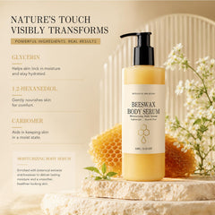 Generic beeswax body serum applied to wet skin sealing moisture after shower