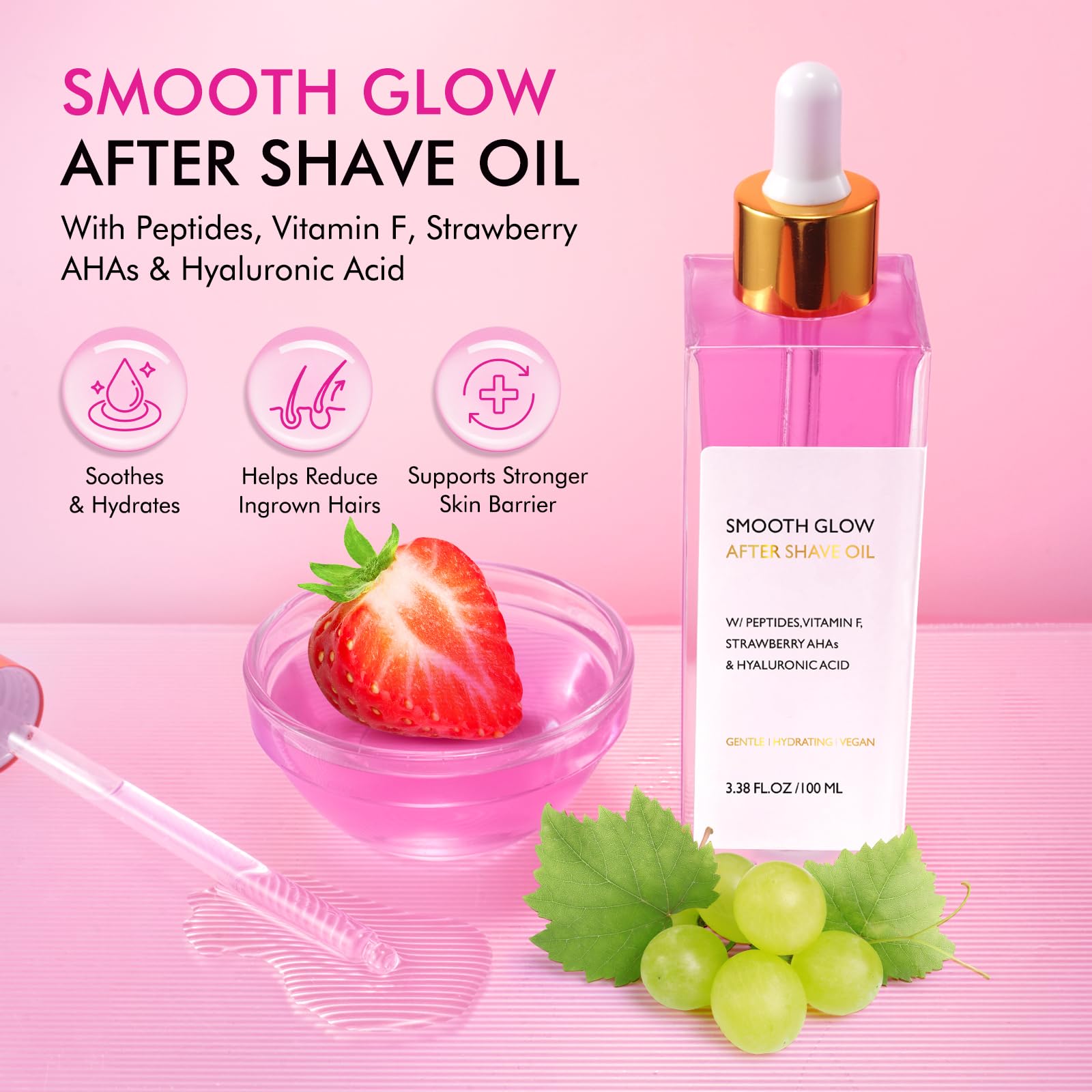 Generic bottle displayed with jojoba and grape seed ingredients visible