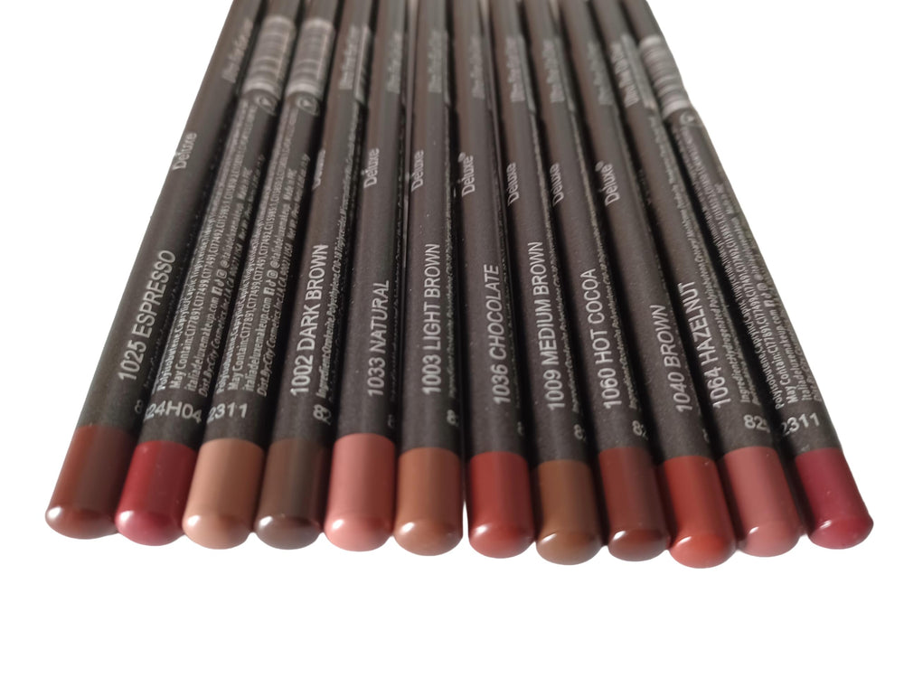 Generic brand front packaging showing 12 brown liner pencils and benefits of variety
