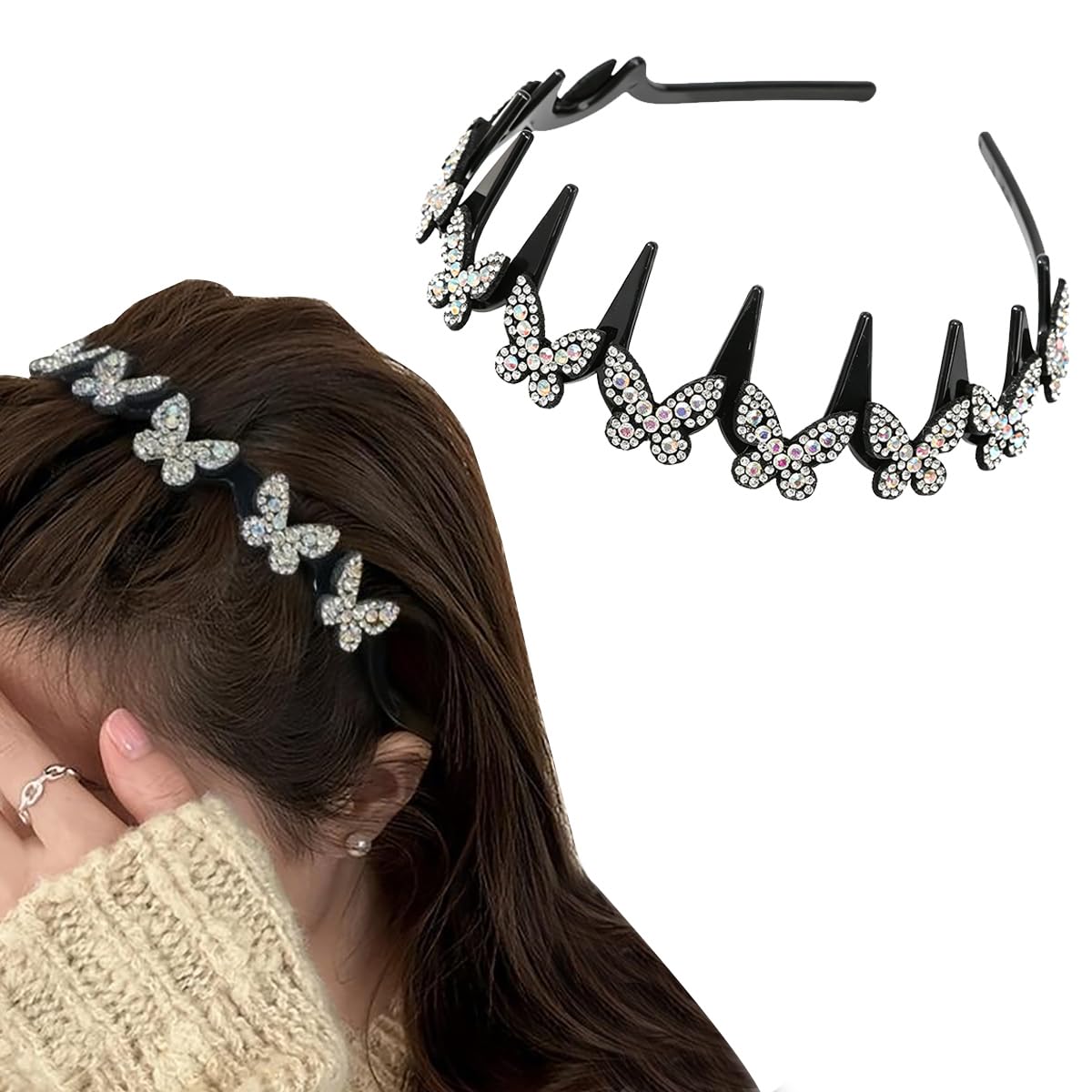 Generic butterfly headband front view showing silver crystals and elegant design benefit