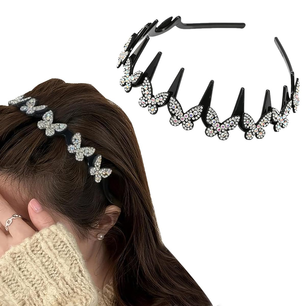 Generic butterfly headband front view showing silver crystals and elegant design benefit