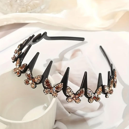 Generic butterfly headband close-up of rhinestones highlighting shimmer and durability benefit